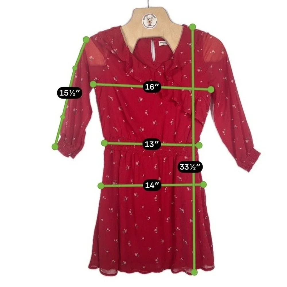 Abercrombie Kids Girls 15/16‎ Red Floral Ruffle Chiffon Smocked Dress